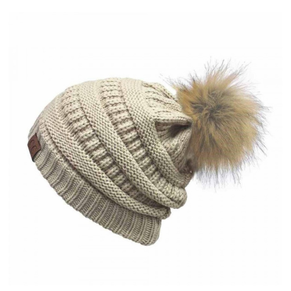 Beige Beanie with Pom Pom